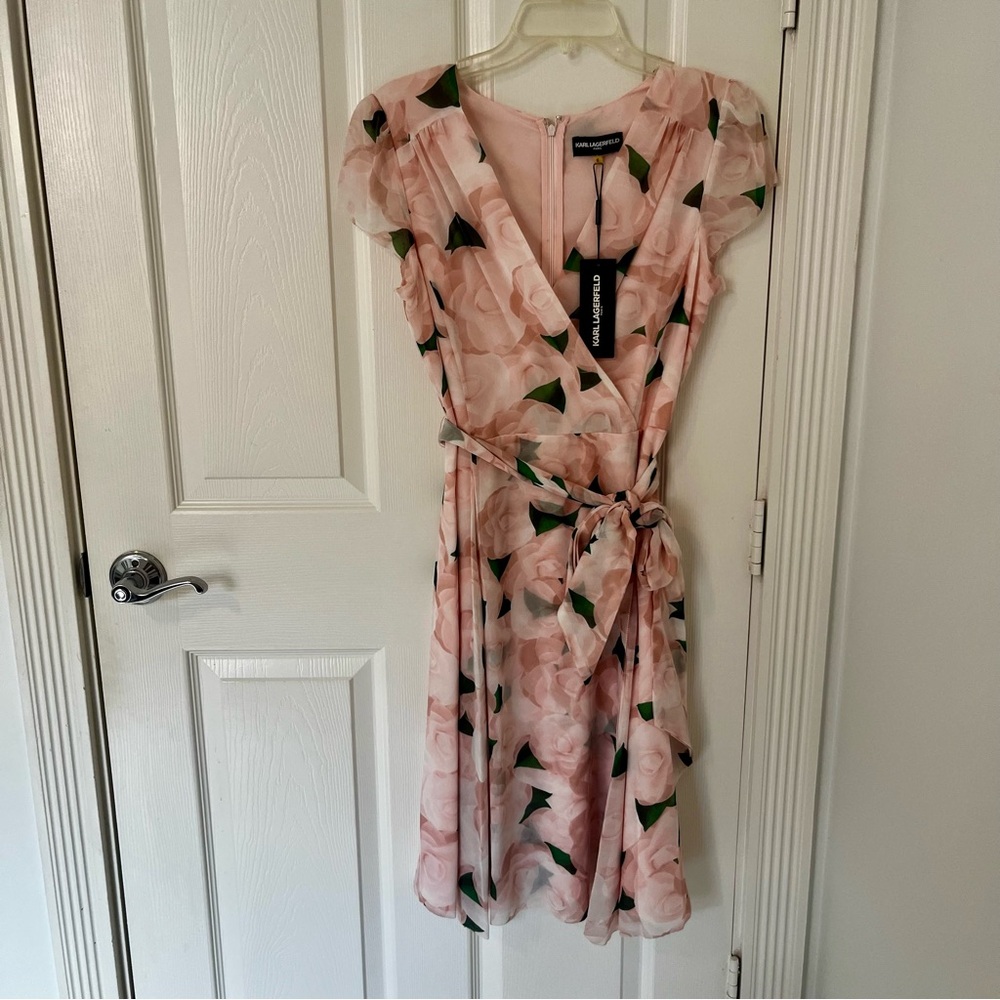 NWT KARL LAGERFELD Paris Women’s Floral Pink Faux Wrap Midi Dress w/Belt | 6